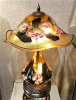 Beautiful Sunset Table  Lamp
Sunset Gold with Pink Multi Flora
Beautiful Bronze base
The Lottons do all of their own bronze work
Lights top and base.