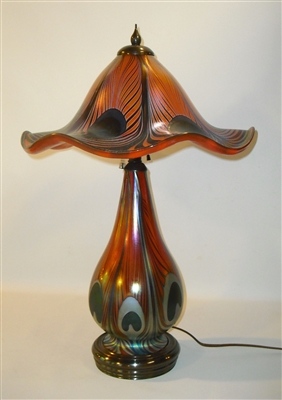 Beautiful Orange Peacock Table Lamp
Fabulous Even More Beautiful than the Picture
Beautiful Bronze base
The Lottons do all of their own bronze work
Lights top and base.
A Masterpiece. Museum Quality.