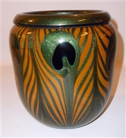 Charles Lotton Vase
Orange Vase with aventurine green interior and pulled Thread and Black Peacock Eyes
I love this one. 
Best of the Best

Aprox Size 7 by 6.5