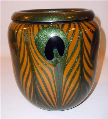 Charles Lotton Vase
Orange Vase with aventurine green interior and pulled Thread and Black Peacock Eyes
I love this one. 
Best of the Best

Aprox Size 7 by 6.5