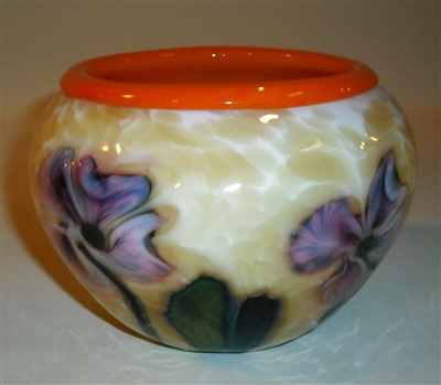 Charles Lotton Bowl
Opal Cypriot with Purple Multi Flora
Orange Interior

Aprox Size 3 by 5
Signed Charles Lotton
Dated 2018