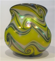 Charles Lotton Vase
Yellow and Green Aurene. King Tut Pattern
Sz 6 by 6.5
Signed Charles Lotton  2012
Beautiful