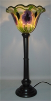 Daniel Lotton
Bronze Base Torchiere Lamp
Shade Sunset with Purple Iris and Leaf and Vine
Notice the green border on shade.
This one is a Sweetheart....Beautiful
A Masterpiece. The Best of the Best
First Torchiere Lamp of this style