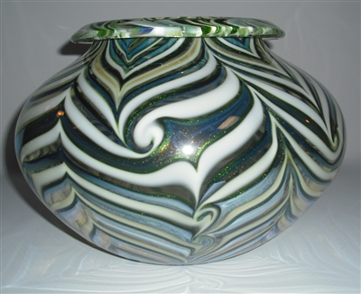 Daniel Lotton Large Bowl
Clear with aventurine green, copper blue, white draped pattern. Rolled over lip
Signed Daniel Lotton Dated 2017
Size 12  by 11
Rare. Museum Quality. Collectors Dream