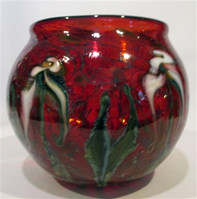 Charles Lotton Bowl
Selinium  Red with White Flower
Museum Quality Fabulous.
Size 8  by 9 Med