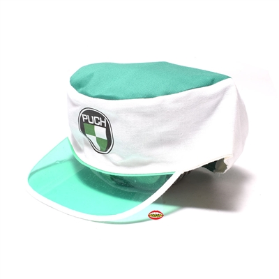 puch white and green poker biker hat