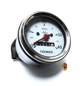 tomos OEM 40mph speedometer - white background / silver housing