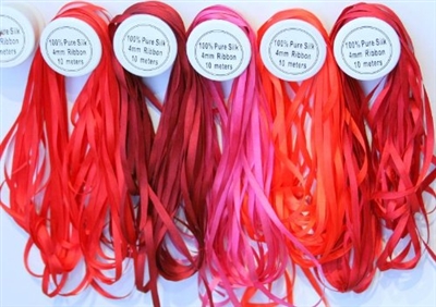ThreadNanny 5 Spools of Red Tone 100% Pure Silk Ribbons