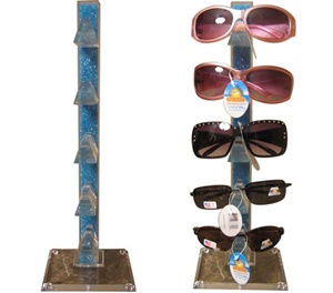 Clear wholesale sunglass display rack filled with blue beads