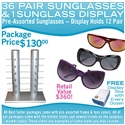 36 assorted wholesale sunglasses and display rack.