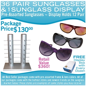 36 assorted wholesale sunglasses and display rack.