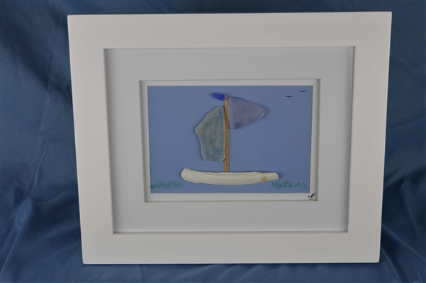 Seaglass sailboat framed 10in x 12in