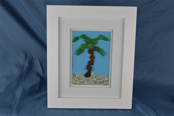 Seaglass palm tree scene, framed 10in x 12in