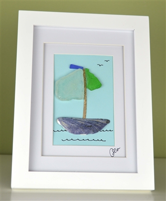 6x8in framed seaglass and shell sailboat