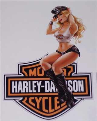 Blond girl Riding Harley Davidson Logo Full color Graphic Window Decal Sticker