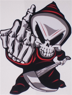 RED Cartoon Grim Reaper Flipping Bird Finger Middle Finger Full color Graphic Window Decal Sticker