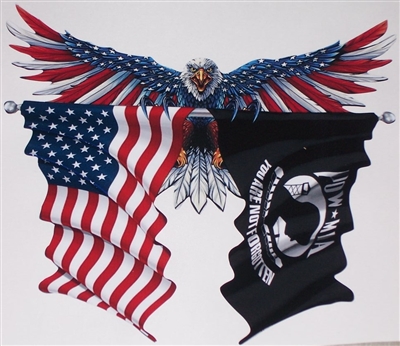 Front facing Wings out American Flag Eagle Holding American / POW MIA Flags Full color Graphic Window Decal Sticker