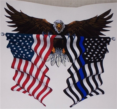 Front facing Wings out Natural Eagle Holding American / Blue Line Flags Full color Graphic Window Decal Sticker