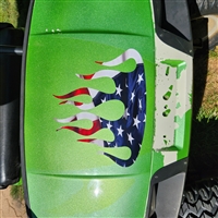 Green EZGO w/ Golf Cart American Flag FLAMES HOOD & Side Graphics