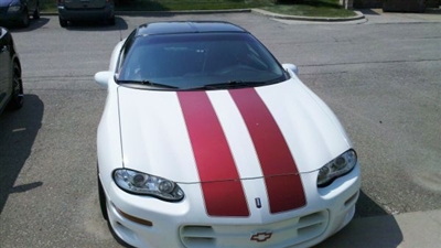 White Camaro w/ Burgundy 10" Twin Rally stripes