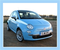 Blue Fiat 500 w/ White Check Side Stripes