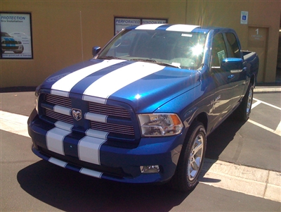 Blue Dodge Ram w/ White 11" Twin Rally Stripe