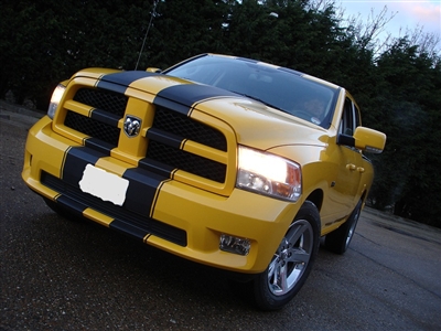 Yellow Dodge Ram w/ Black 8" Twin Rally Stripe Set