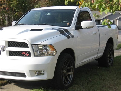 White Dodge Ram w/ Black Hash Mark Fender and Hood Stripes