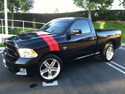 Black Dodge Ram w/ Red Hash Mark Fender & Hood Stripes