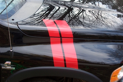 Black Dodge Ram w/ Red Hash Mark Fender and Hood Stripes