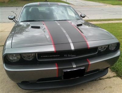 Gray Dodge Challenger w/ red & Black 2 Color Rally Stripe Set