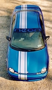 Blue Dodge Neon w/ White 12" Off Set Rally Stripes