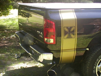 Black Dodge w/ Gold IRON CROSS Bed Side Stripes (Sold as a Pair)