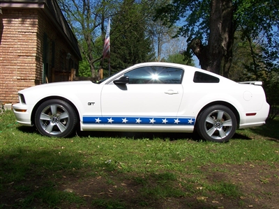 White Mustang w/ Blue Stars Rocker Stripes