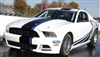 White Mustang w/ Black and Vivid Blue Offset Rally Stripes