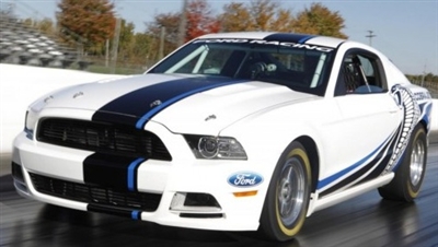 White Mustang w/ Black and Vivid Blue Offset Rally Stripes