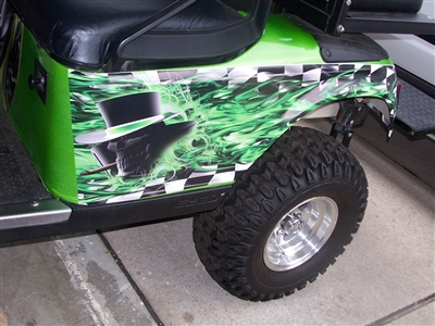 Green EZGO w/ GolfCart Ace of Spades skull Flame/Checkered Flag Decal
