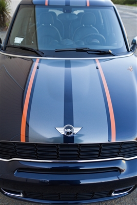 Black Mini Cooper w/ Orange & Silver 10" Wide Rally Stripes