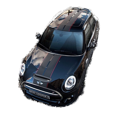 Black Mini Cooper w/ Flat Black & Red 6" Wide Rally Stripes