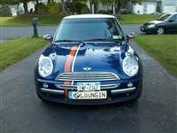 Blue Mini Cooper w/ Orange and Silver 2 color offset Bonnet Boot Rocker Stripe