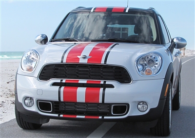 White Mini Cooper w/ Red and Gray Stripes