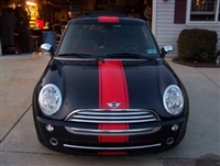 Black Mini Cooper w/ Red 12" Single wide Hood, Roof and Boot Stripe