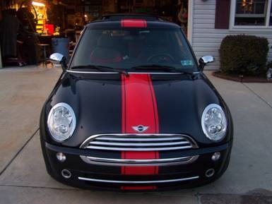 Black Mini Cooper w/ Red 12" Single wide Hood, Roof and Boot Stripe