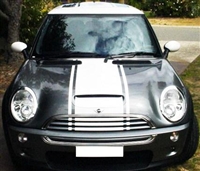 Dark Gray Mini Cooper w/ 20" White Hood, Roof & Boot Stripe