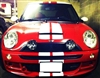 Red Mini cooper w/ White Rally Stripe & red Stripe on roof