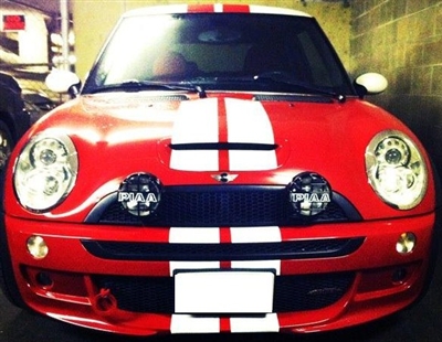 Red Mini cooper w/ White Rally Stripe & red Stripe on roof