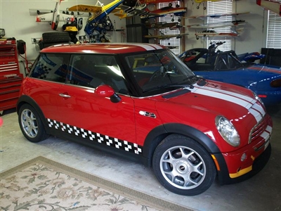 Red Mini Cooper w/ Racing Check Side Stripes