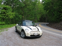 White Mini Cooper w/ Black Bonnet Stripes