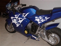 Blue Mini Bike w/ white Tribal flame Decals