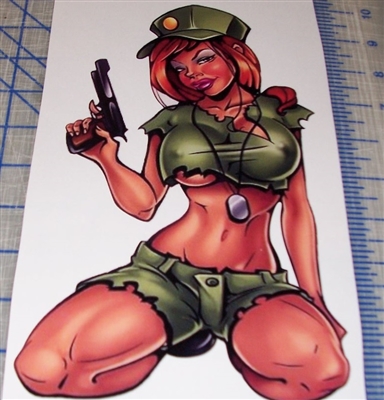 SEXY ARMY GIRL WITH SMOKING GUN PIN-UP Quad STICKER/DECAL 10"X8"